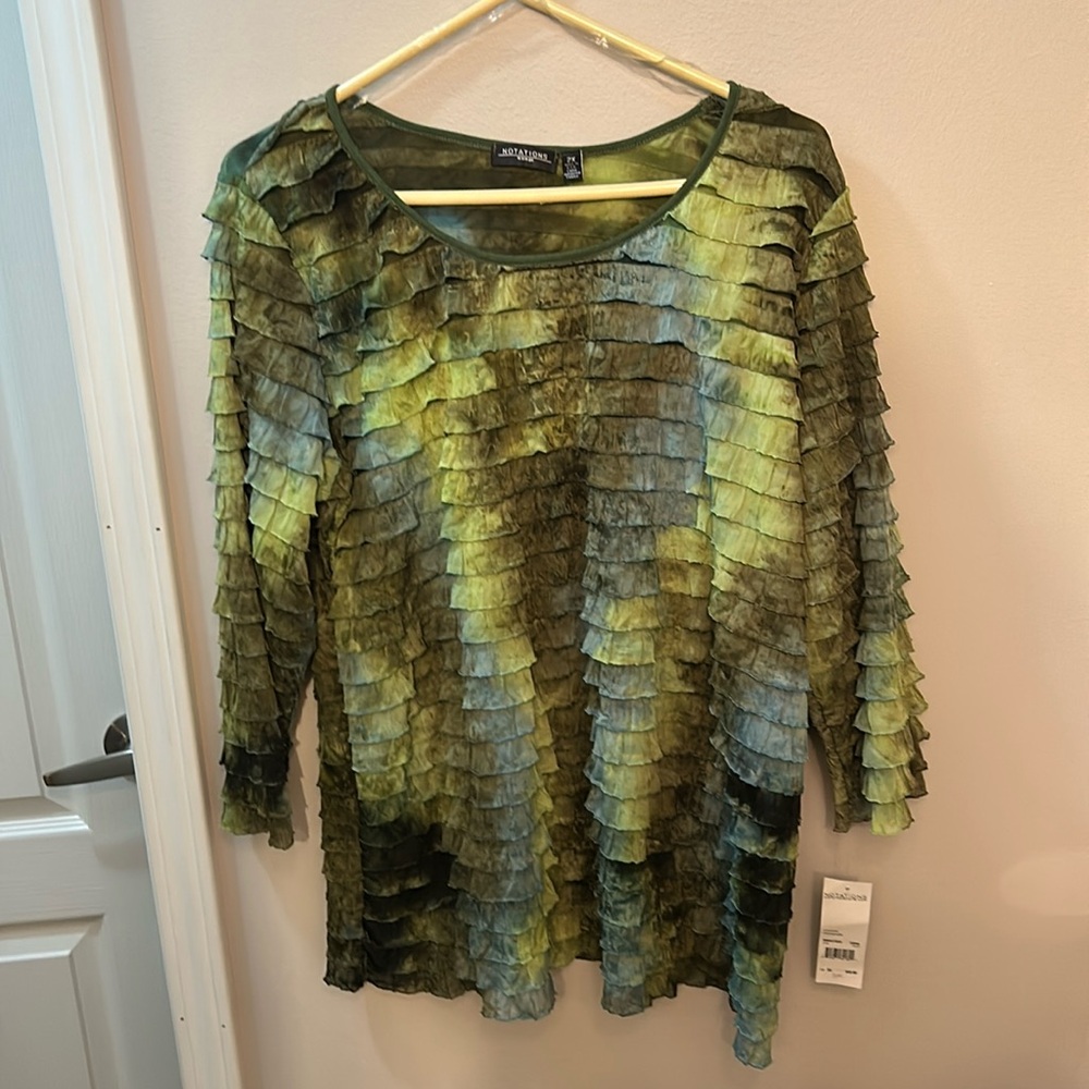 Notations Green Ruffled 3/4 Sleeve Tunic